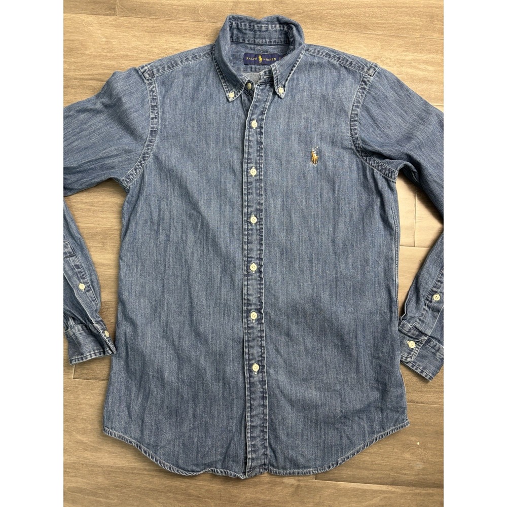 Polo Ralph Lauren Shirt Mens Small Blue Long Sleeve Denim Chambray Flesh Pony